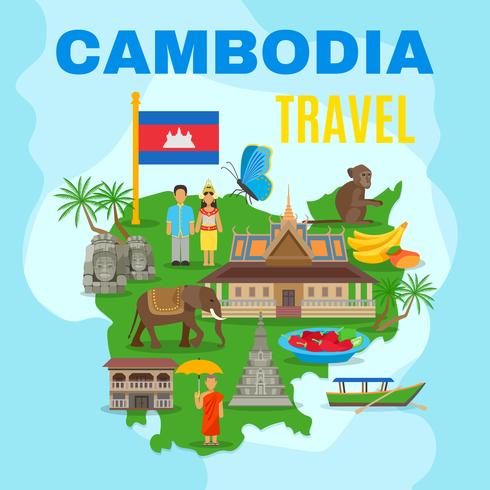 Cambodja culturele reizen kaart platte poster vector