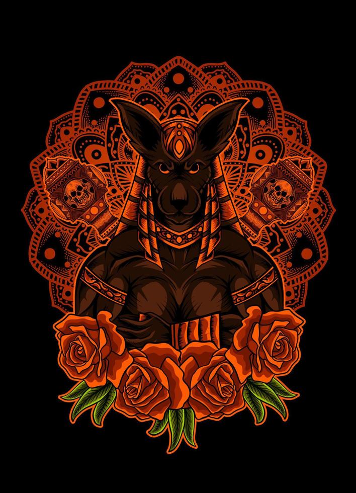 illustratie vector anubis god met roze bloem