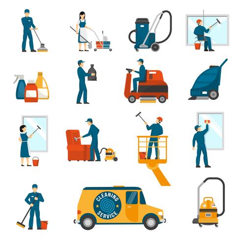 Industriële schoonmaak Service Flat Icons Set vector