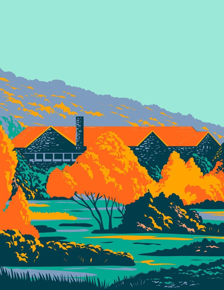 stenen lodge met rood dak en bomen aan de voorkant tijdens herfst wpa poster art vector