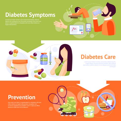 Diabetes symptomen 3 Flat Banners Set vector