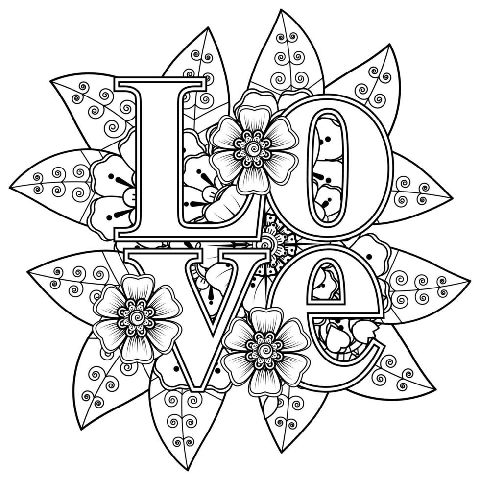 hou van woorden met mehndi-bloemen voor het kleuren van het doodle-ornament van de boekpagina vector