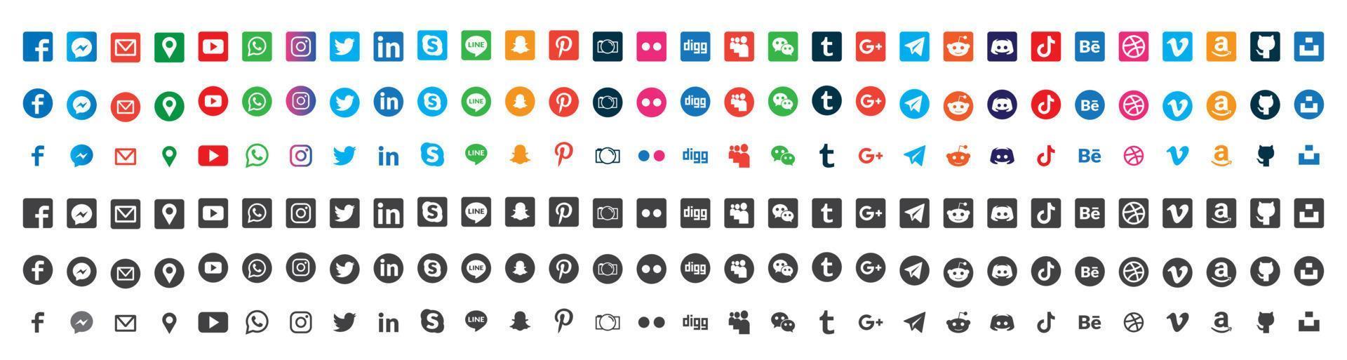 sociale media logo set. facebook instagram twitter youtube snapchat whatsap pinterest linkedin vimeo tiktok periscoop logo set. sociaal netwerk pictogram vector