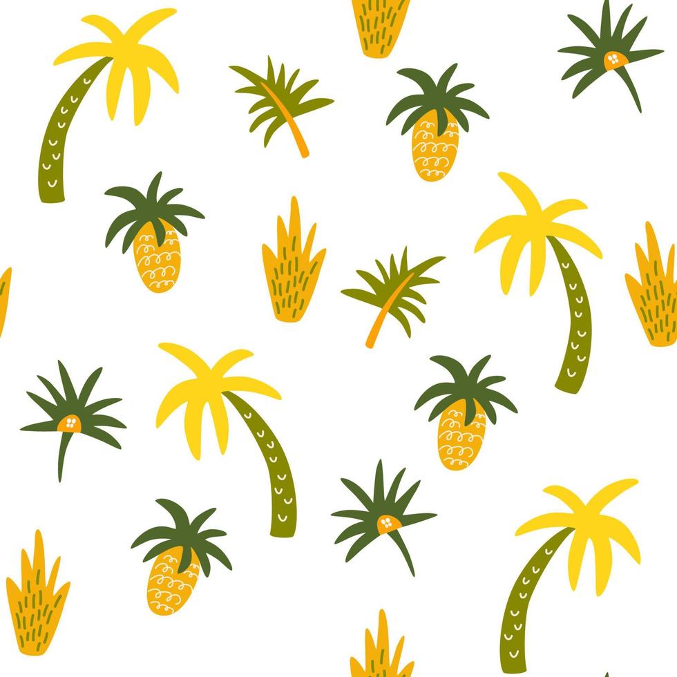 palmbomen en bladeren abstract naadloos patroon. tropische planten hand tekenen achtergrond. strand kokospalm behang, afrikaans bos textiel, inpakpapier print ontwerp. vectorillustratie. vector