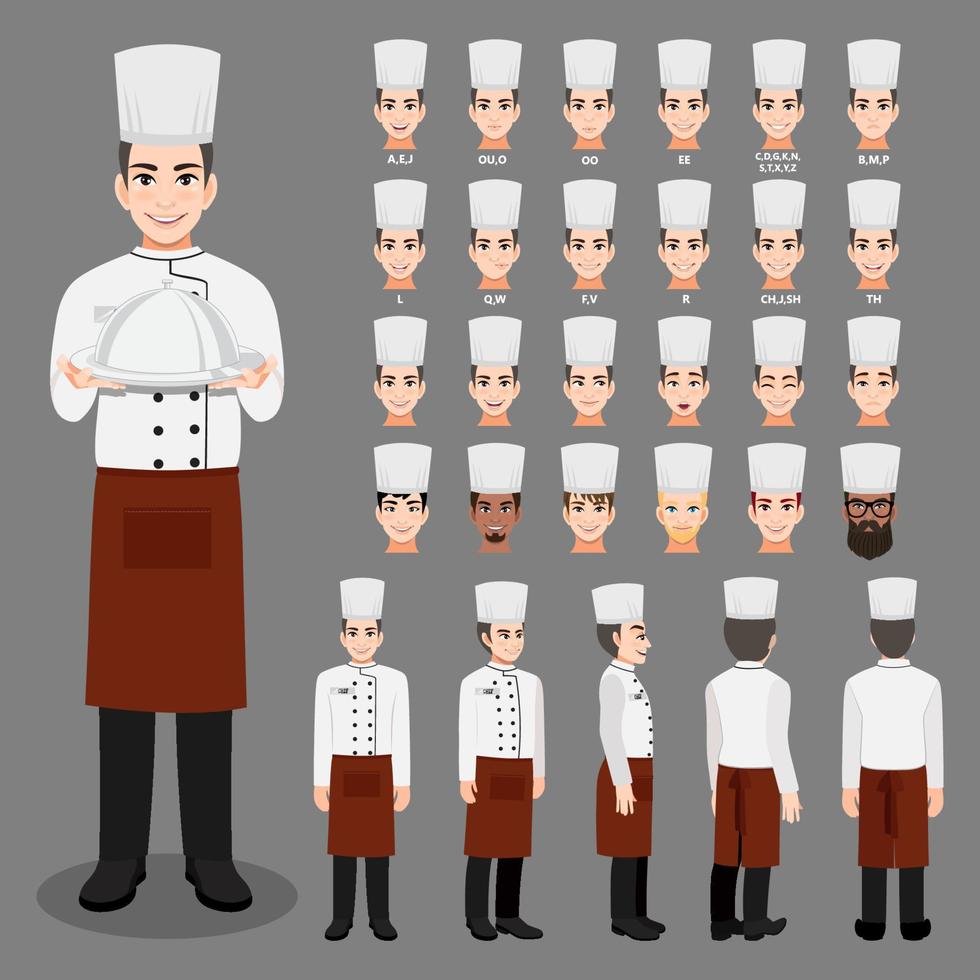 stripfiguur met professionele chef-kok in uniform voor animatie. voorkant, zijkant, achterkant, 3-4 weergavekarakter. afzonderlijke lichaamsdelen. platte vectorillustratie vector