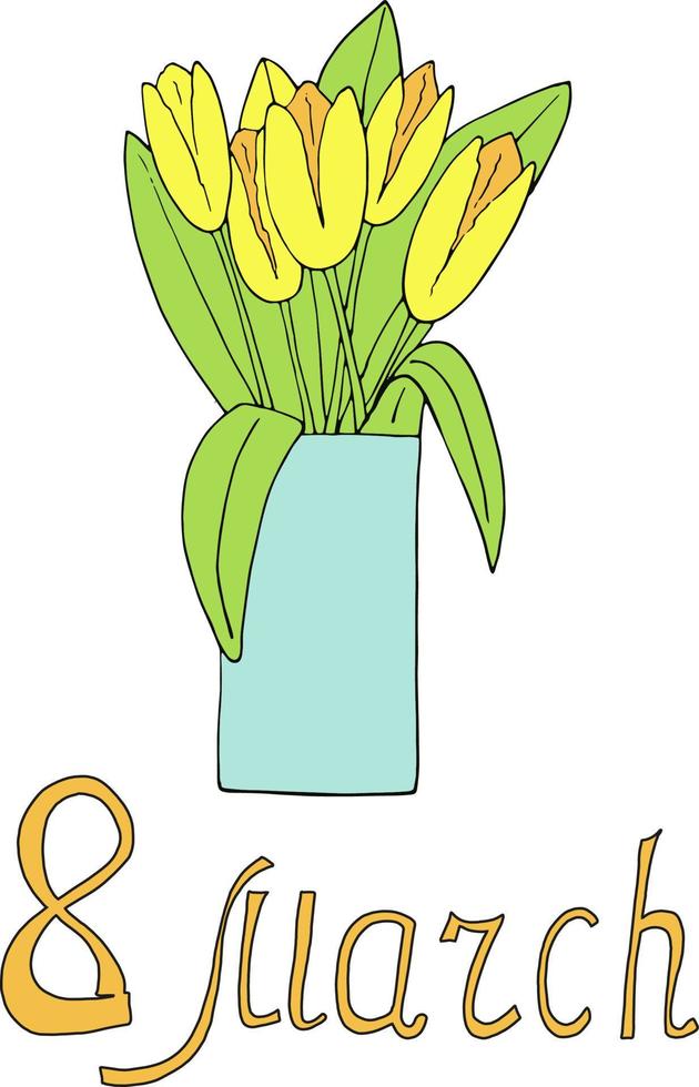 tulpen in een vaas boeket. 8 maart briefkaartsjabloon. kaart, poster, sticker, spandoek. schets hand getrokken doodle stijl. geel. bloemen, voorjaarsvakantie vector