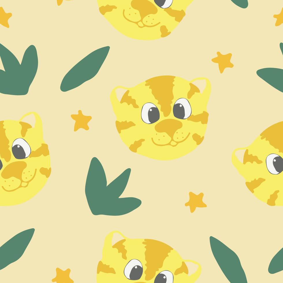 schattige tijger, bladeren, sterren. naadloos patroon. hand getekend. illustratie voor kinderbehang, inpakpapier, textiel. trendkleuren 2021 goud, geel, groen, grijs. dierensymbool van 2022 vector