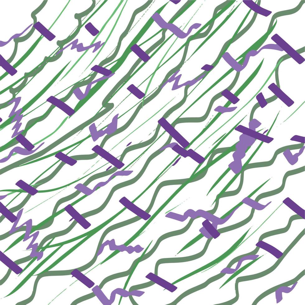 abstractie van lijnen en streken van groen, lila en lavendel. romantisch zomers kleurenpalet. handgetekende slordige memphis-stijl. grafisch. achtergrond, patroon, decor vector