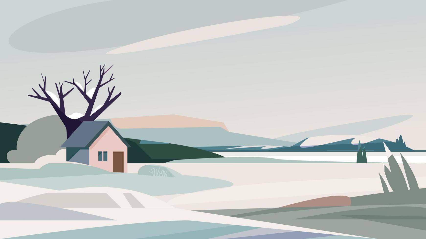 winterlandschap met huis aan de rivieroever. vector