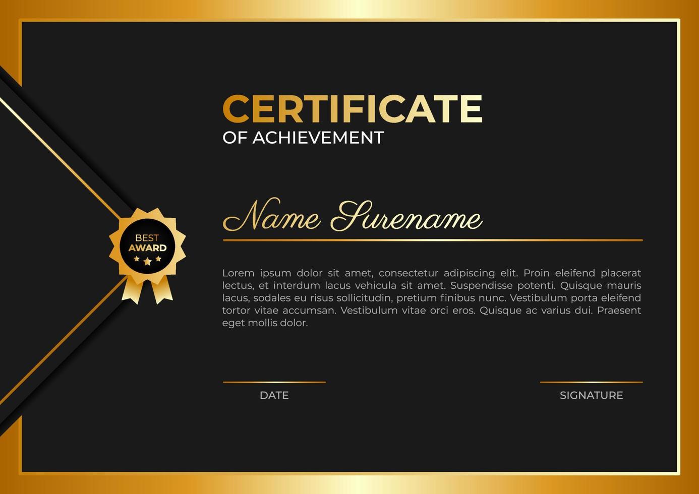 certificaat van prestatie-sjabloon. zwarte en gouden kleur. trendy certificaatontwerp vector