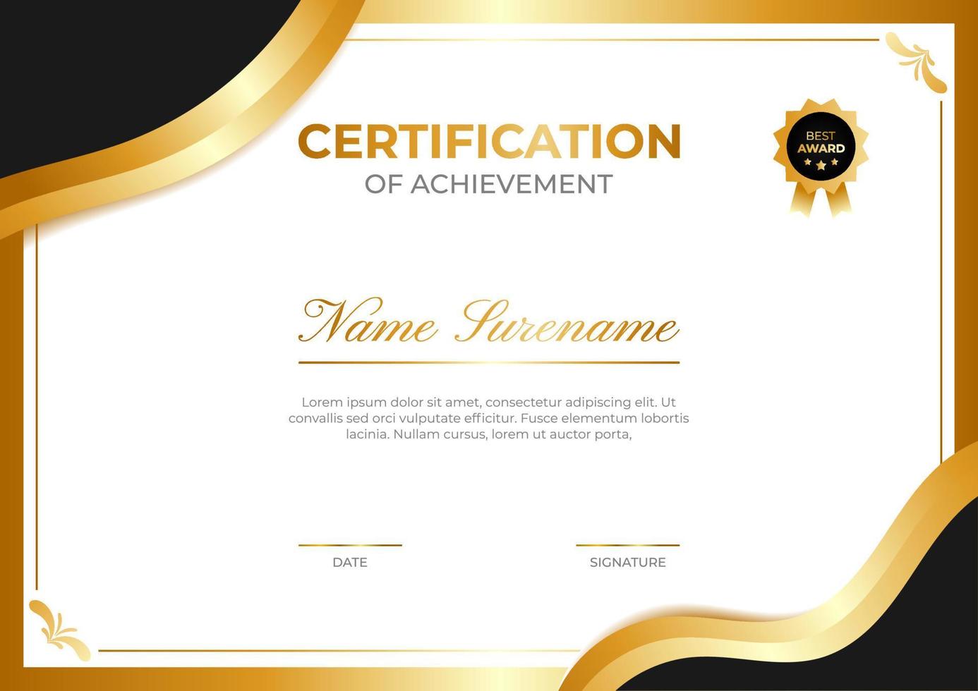 certificaat van prestatiesjabloon met zwarte, witte en gouden kleur. trendy certificaatontwerp vector