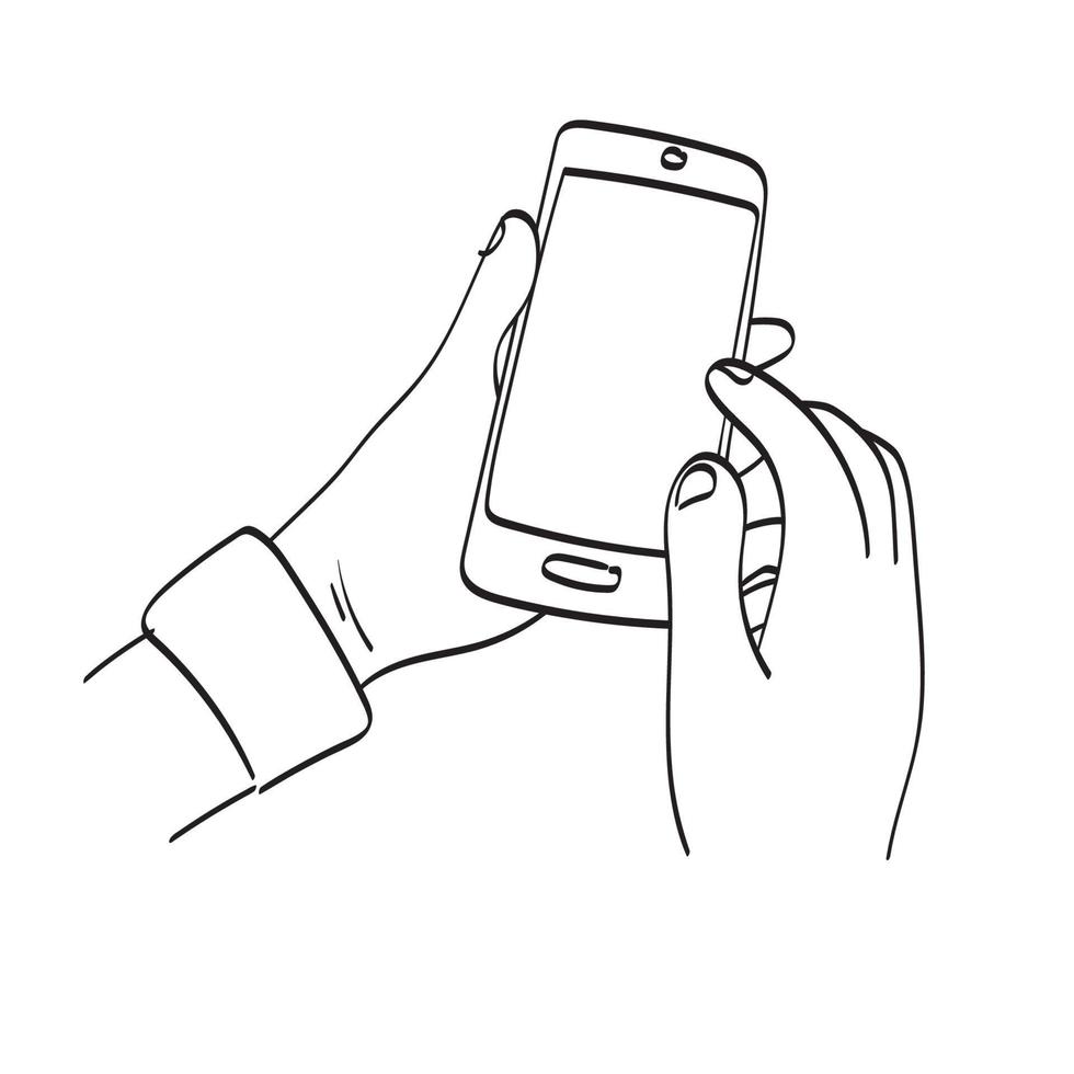 zeer fijne tekeningen close-up hand met smartphone met leeg scherm achtergrond illustratie vector hand getekend geïsoleerd op witte achtergrond