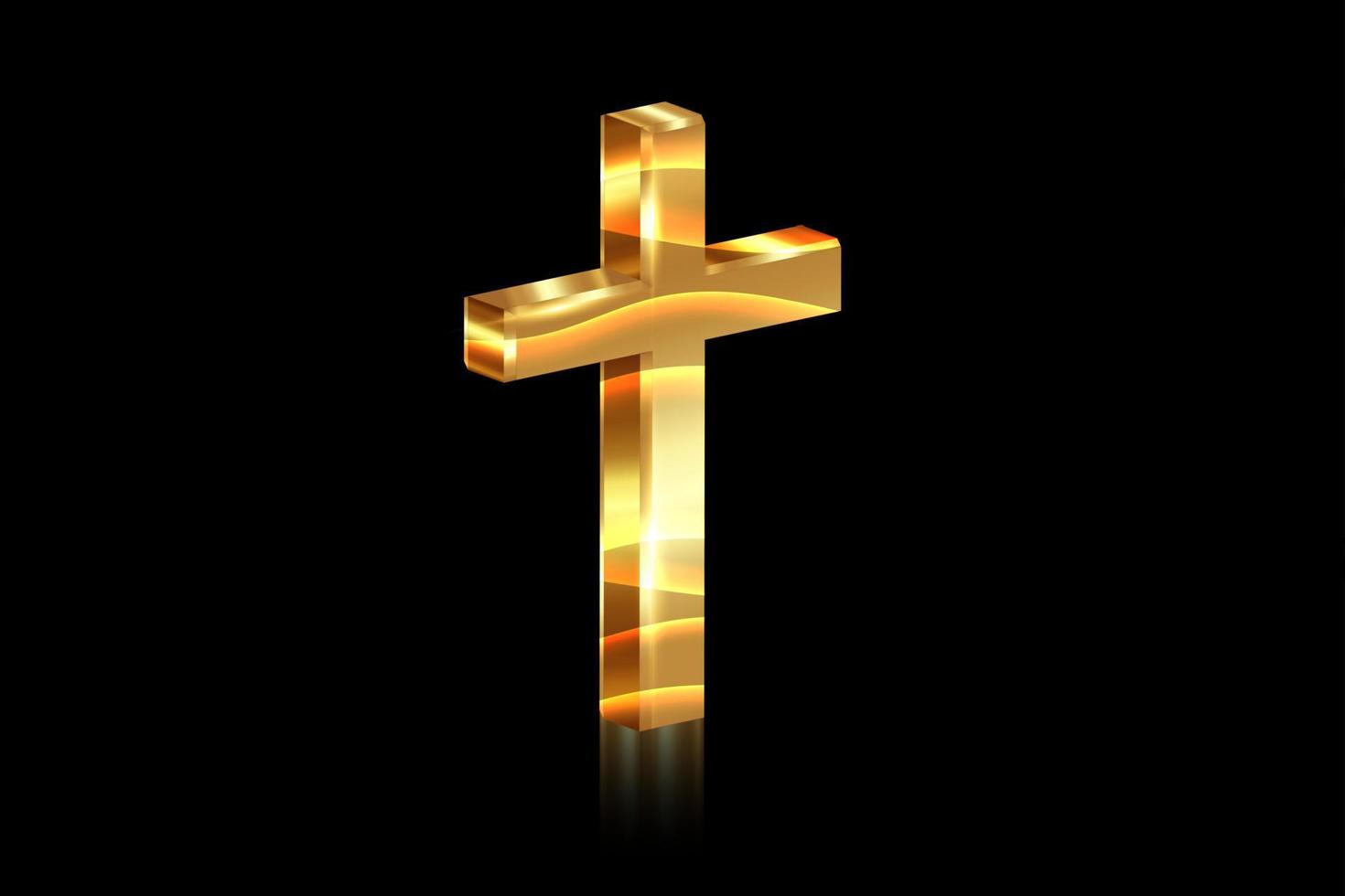 3d gouden glanzend kruis van licht, glanzend kruis met gouden folietextuur, symbool van christendom. symbool van hoop en geloof. vectorillustratie geïsoleerd op zwarte achtergrond vector
