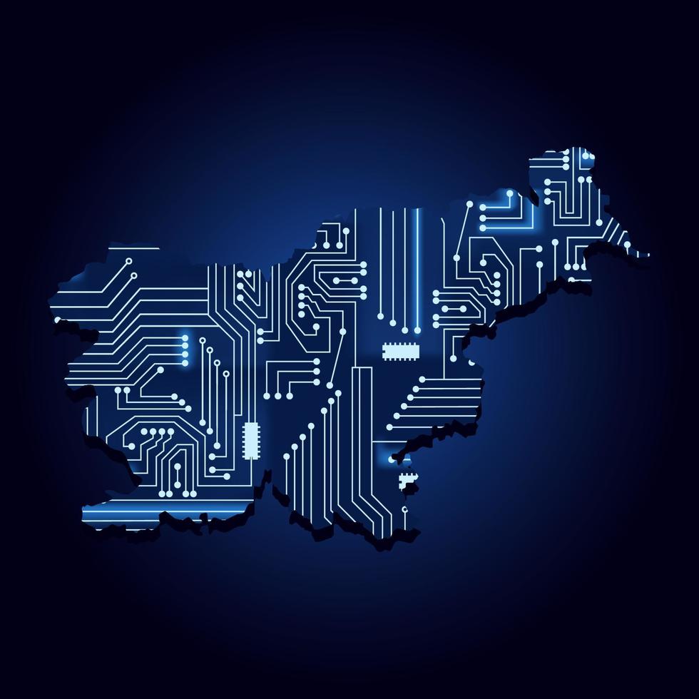 contourkaart van slovenië met een technologisch elektronicacircuit. vector