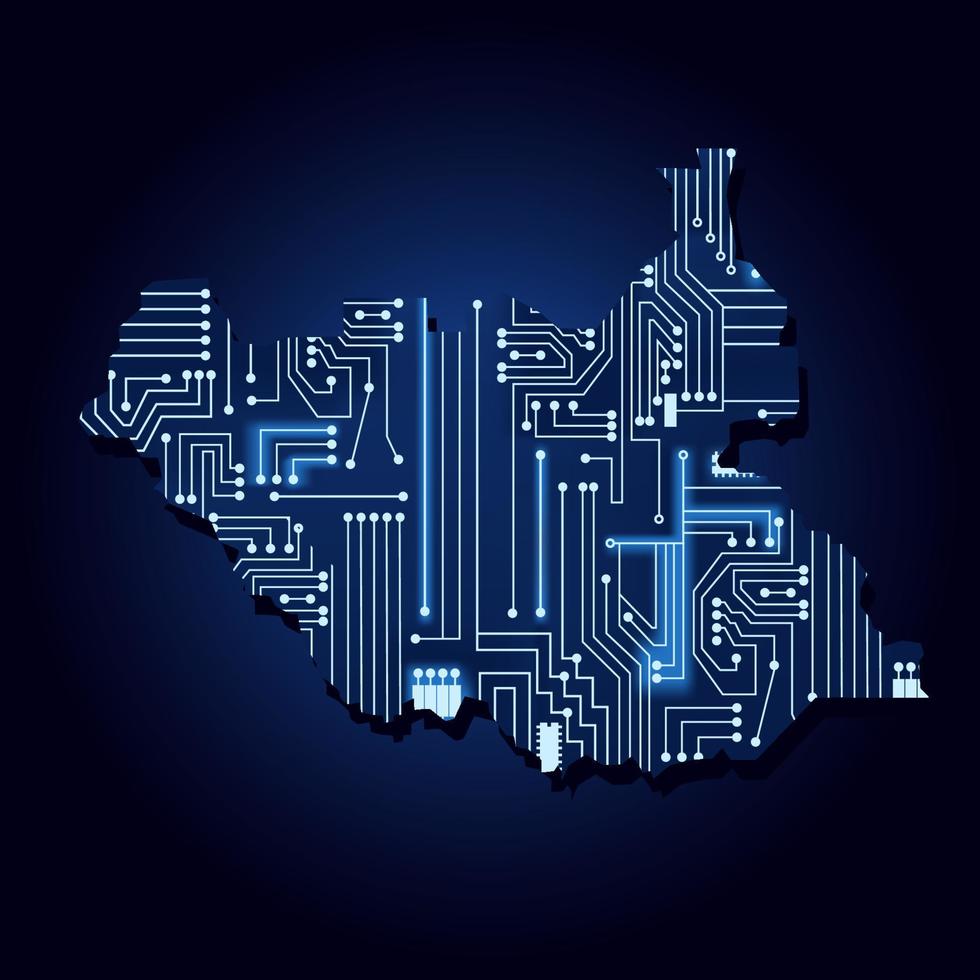 contourkaart van Zuid-Soedan met een technologisch elektronicacircuit. vector