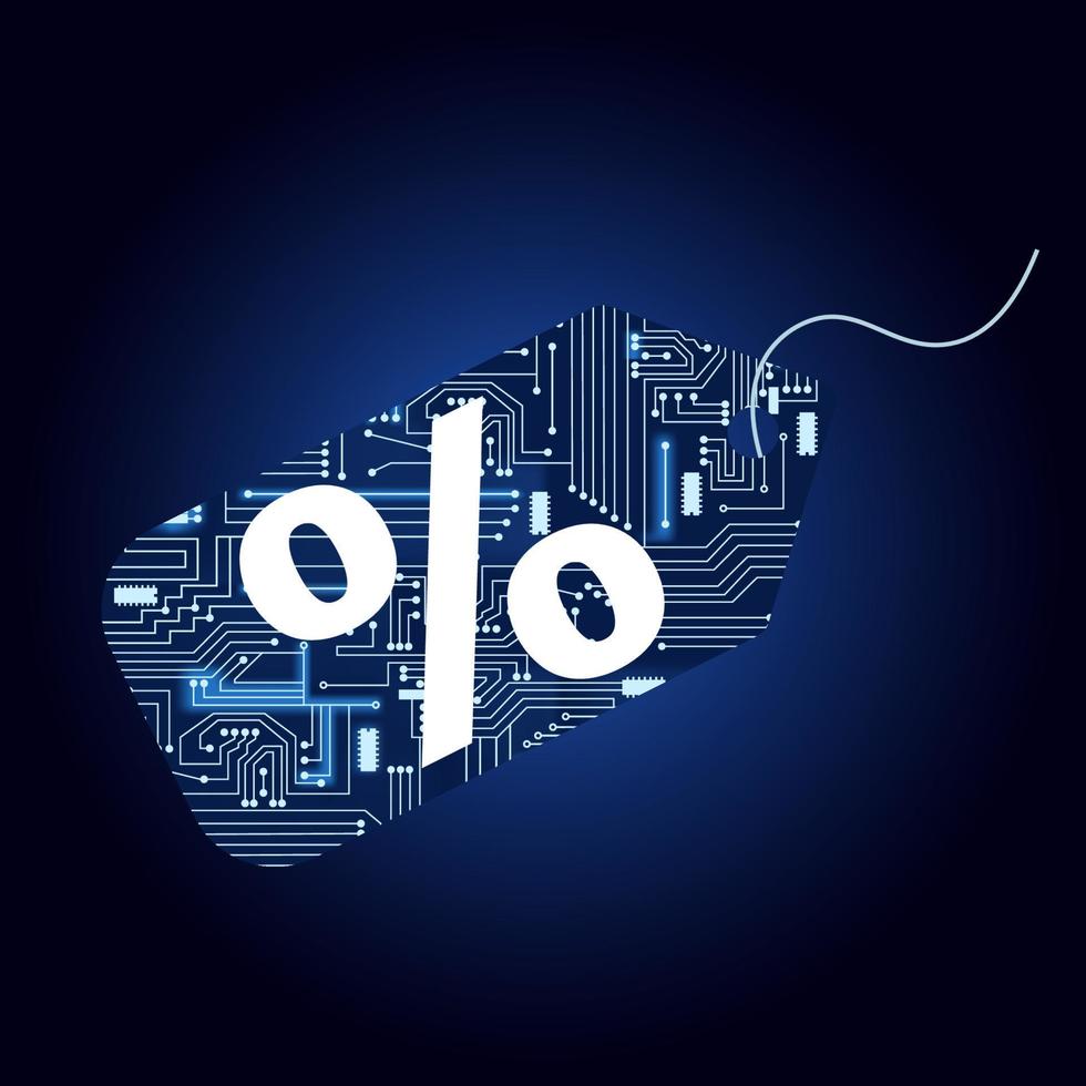 percentagesymbool op kortingslabel met elektronische schakeling. blauwe en gradiëntachtergrond. symbool van technologische en moderne zaken. vector