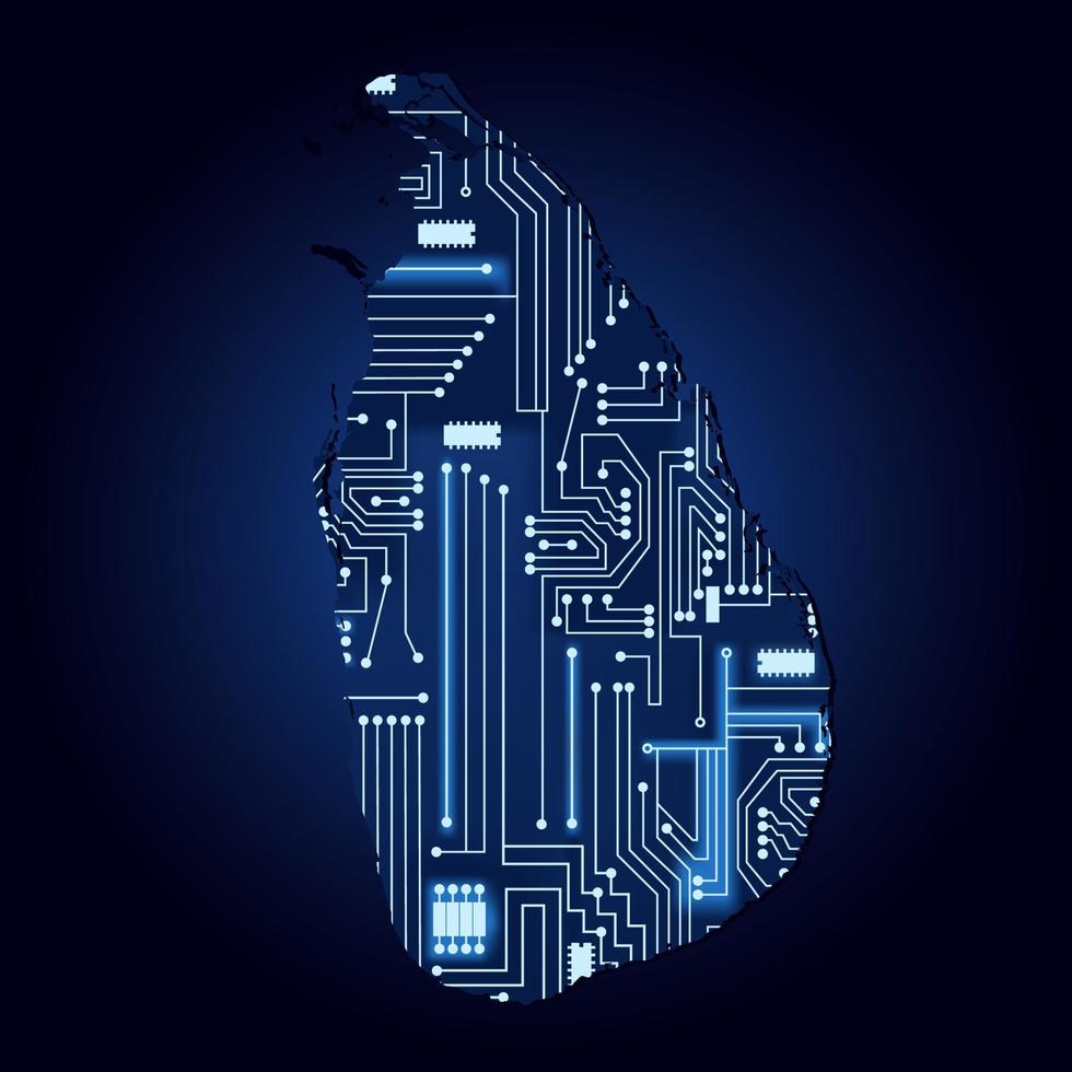 contourkaart van sri lanka met een technologisch elektronicacircuit. vector