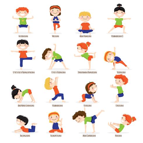 Kinderen kinderen Yoga vormt Cartoon Set. vector