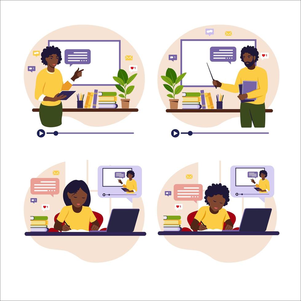 online leerconcept. afrikaanse leraren bij bord. Afrikaanse kinderen zitten achter zijn bureau en studeren online met zijn computer. vectorillustratie. vlakke stijl. vector