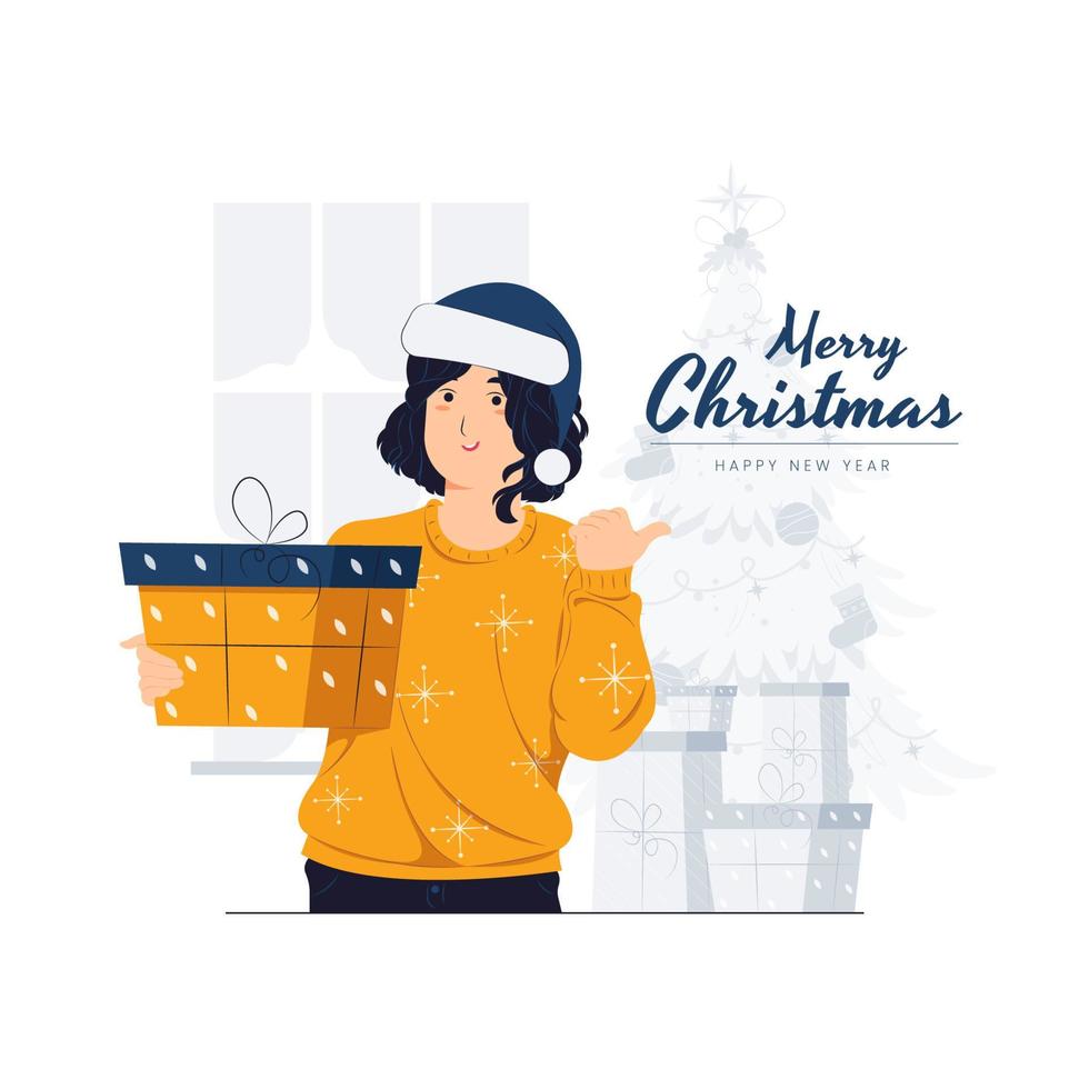 een vrouw met een kerstmuts die een cadeau vasthoudt, presenteert en kerstmis nieuwjaar concept illustratie viert vector