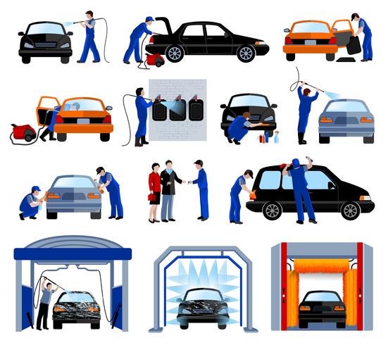 Car Wash Service Flat Pictogrammen Set vector