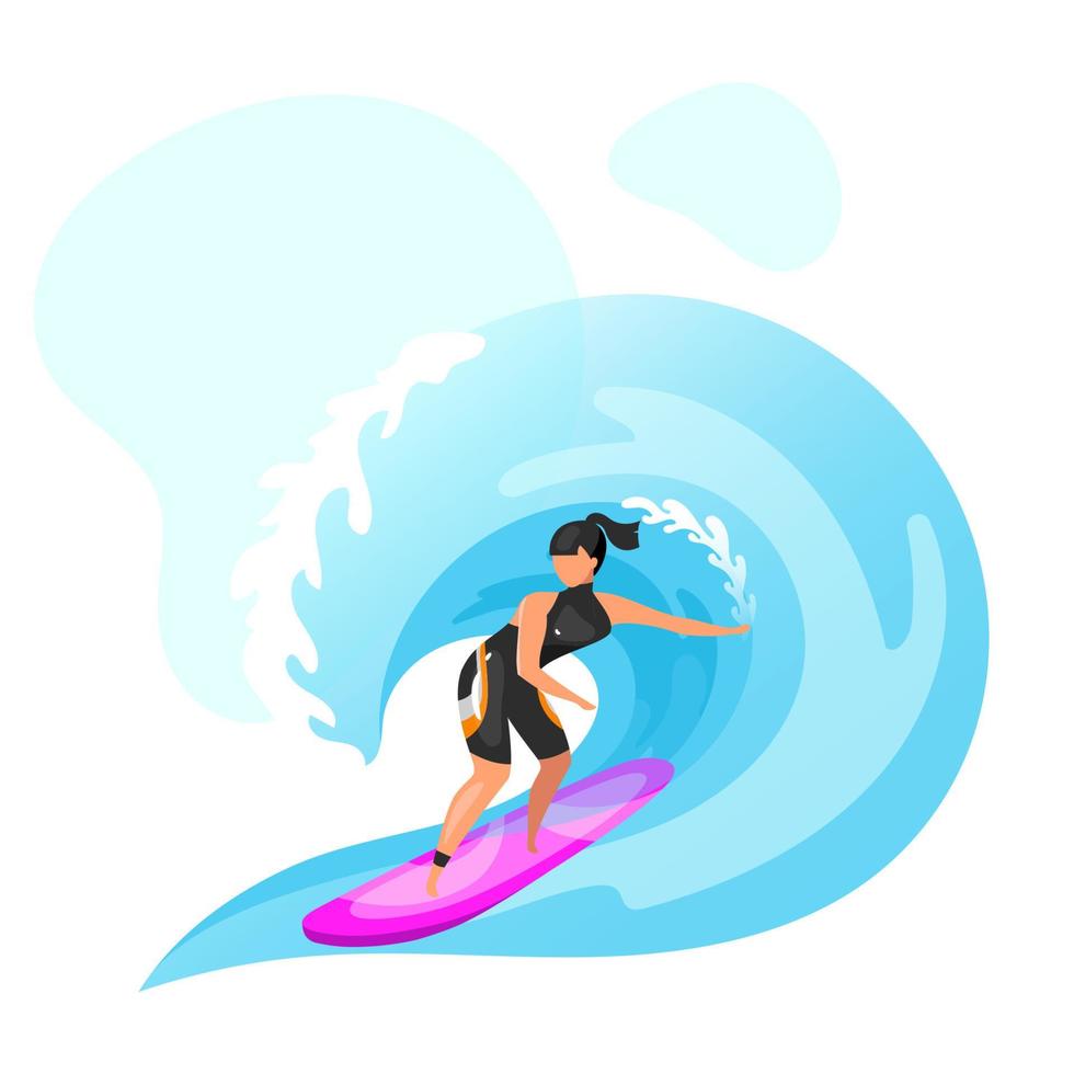 surfen platte vectorillustratie. extreme sportervaring. actieve levensstijl. zomervakantie outdoor leuke activiteiten. oceaan turquoise golven. sportvrouw geïsoleerde stripfiguur op blauwe achtergrond vector