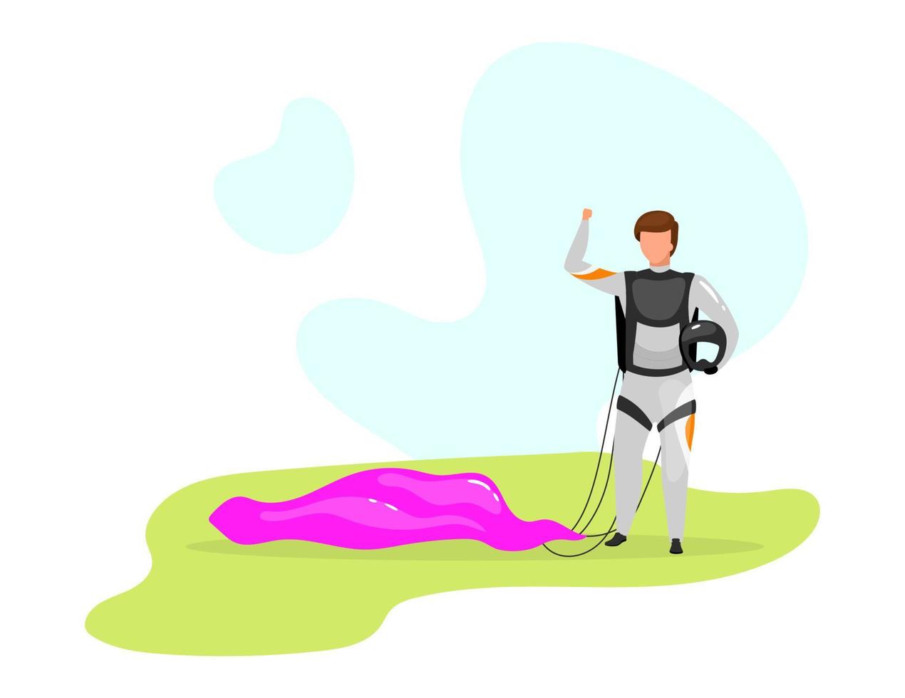 man met parachute platte vectorillustratie. parachutespringen, parachutespringen veilige landing. extreme sporten. actieve levensstijl. buitenactiviteiten. sportman geïsoleerd stripfiguur op witte achtergrond vector