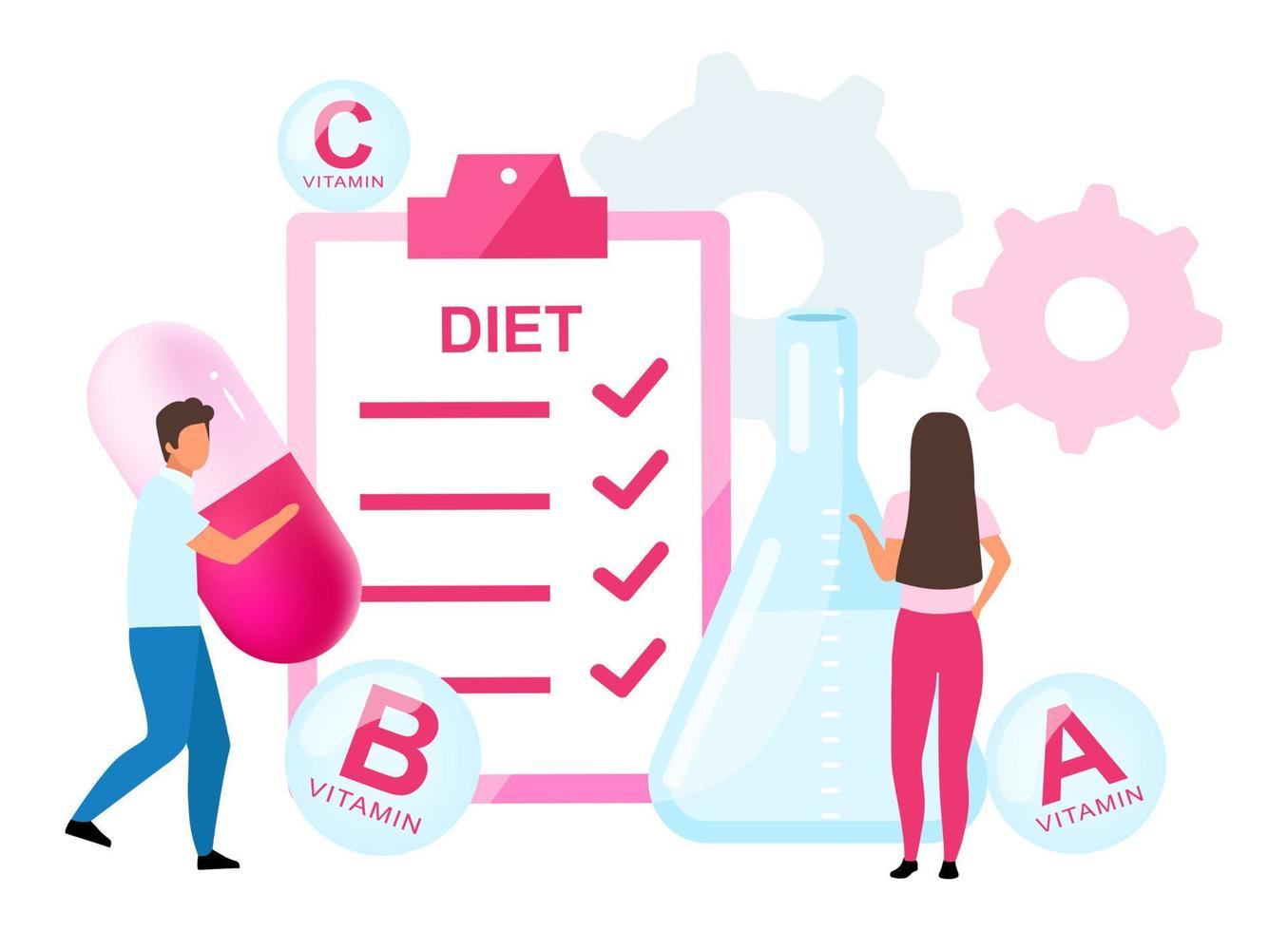 voedingssupplementen in dieetplan platte vectorillustratie. man en vrouw die synthetische vitamines nemen. farmacologen die dieetpillen maken formule geïsoleerd stripfiguur op witte achtergrond vector