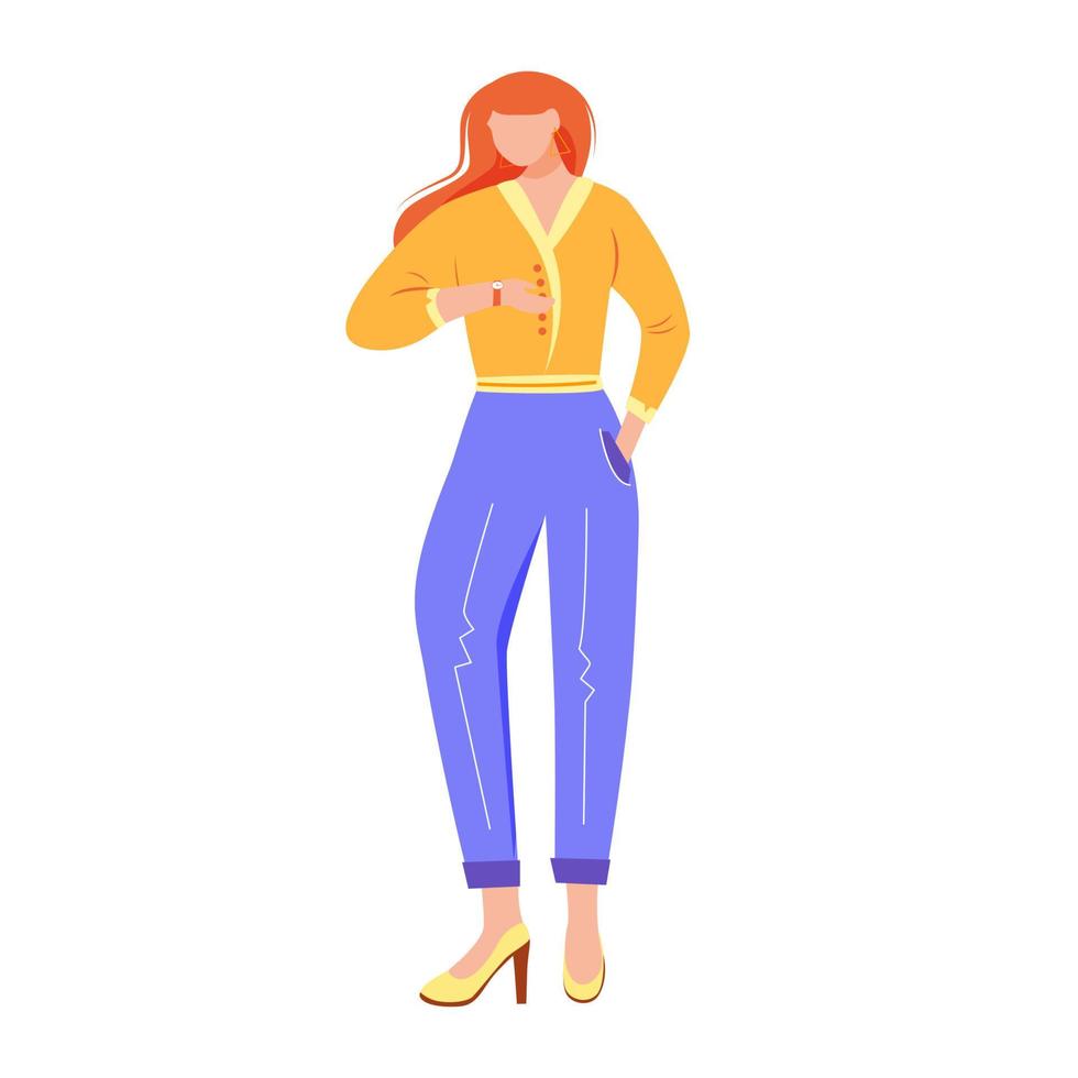 kantoormedewerker platte vectorillustratie. bedrijfswerknemer. elegante zakenvrouw, zelfverzekerde ondernemer. vrouw in formele kleding die tijd geïsoleerd gezichtsloos stripfiguur op witte achtergrond controleert vector