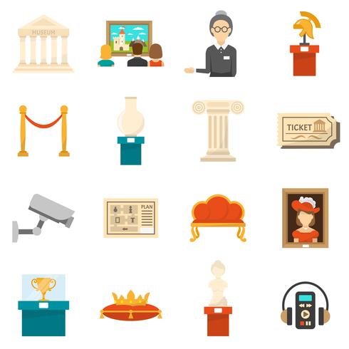 Museum decoratieve vlakke kleuren Icons Set vector