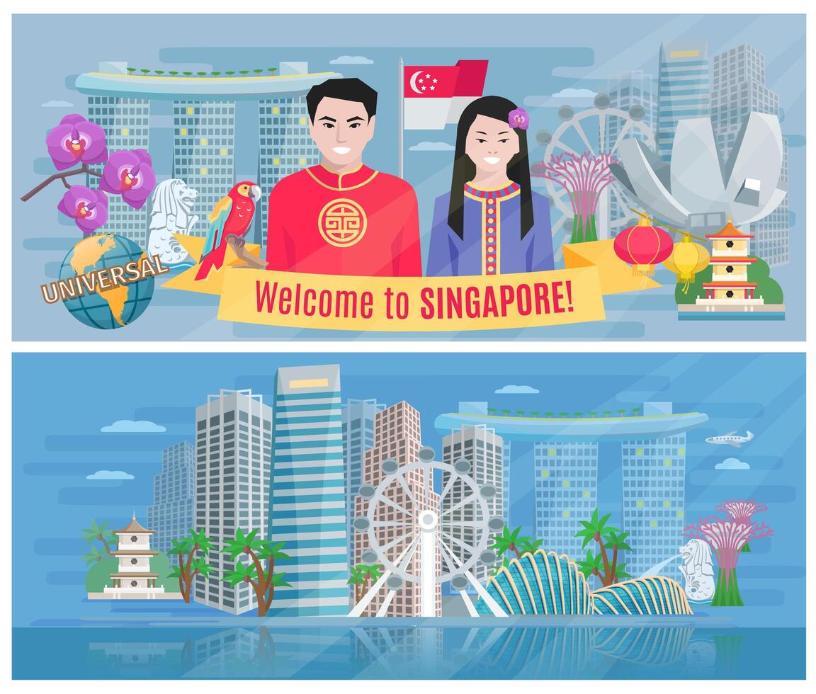 Singapore Cultuur 2 platte horizontale banners vector