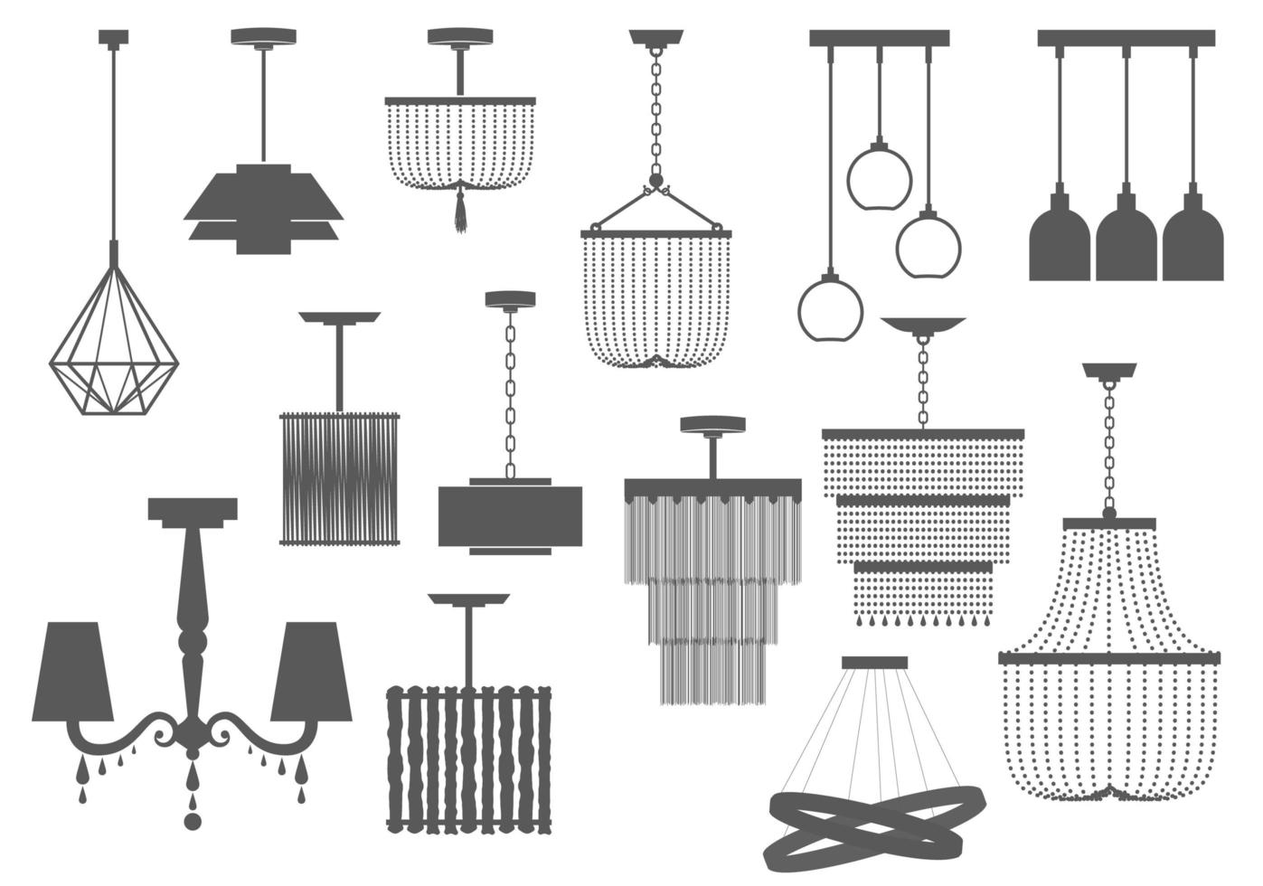 klassieke en moderne kroonluchter set. lampen silhouet. vector illustratie