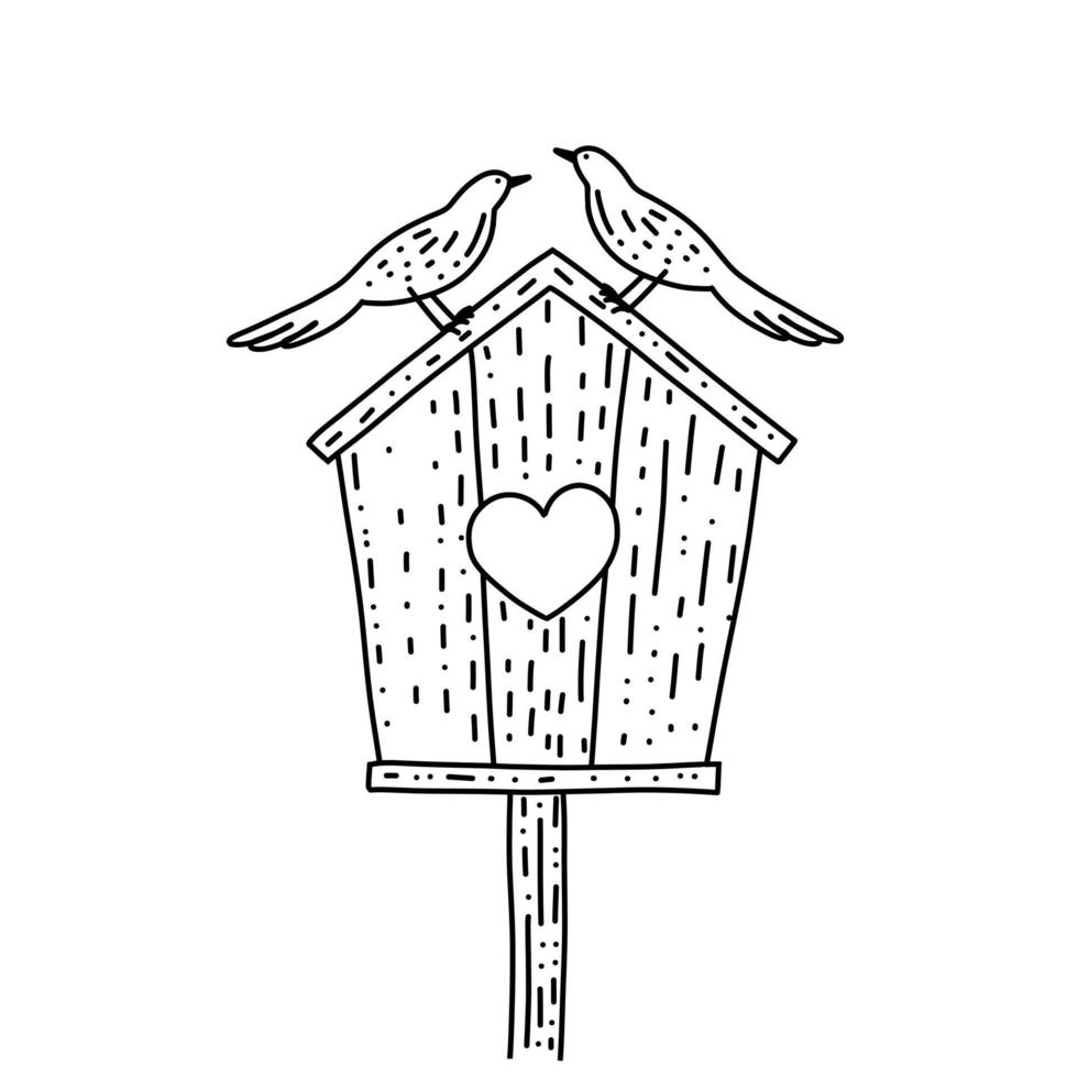 houten vogelhuisje op stok met twee vogels vogels. vectorillustratie in doodle stijl. Valentijn en bruiloft concept geïsoleerde vectorillustratie op een witte achtergrond. vector