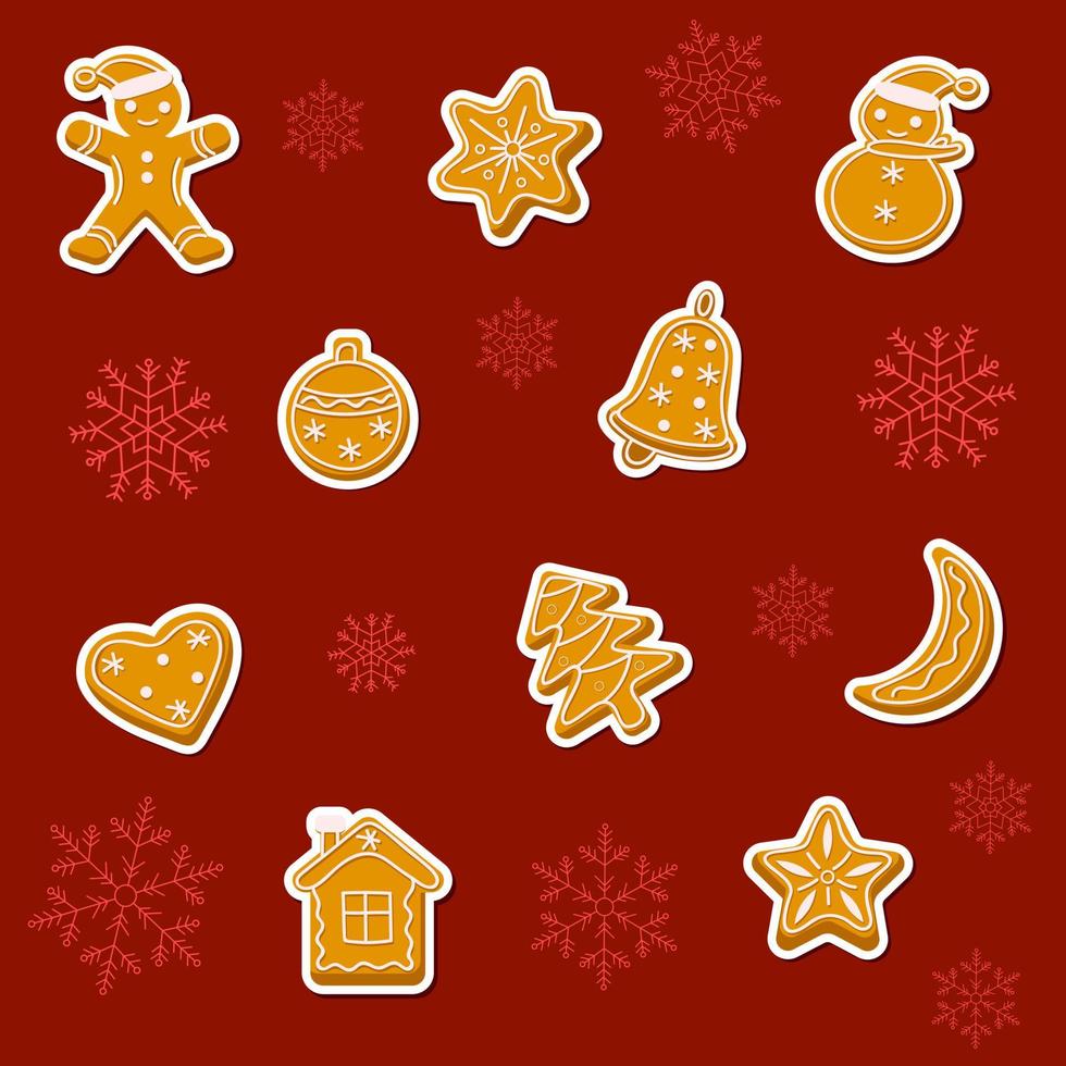 peperkoek sticker set met peperkoek man, ster, bal, kerstboom, sneeuwpop, huis, bel en hart. vector illustratie