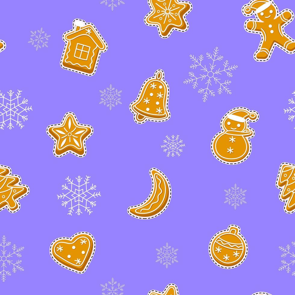 peperkoek stickers naadloze patroon met sneeuwvlokken. feestelijke kerst achtergrond met cookies. vector illustratie