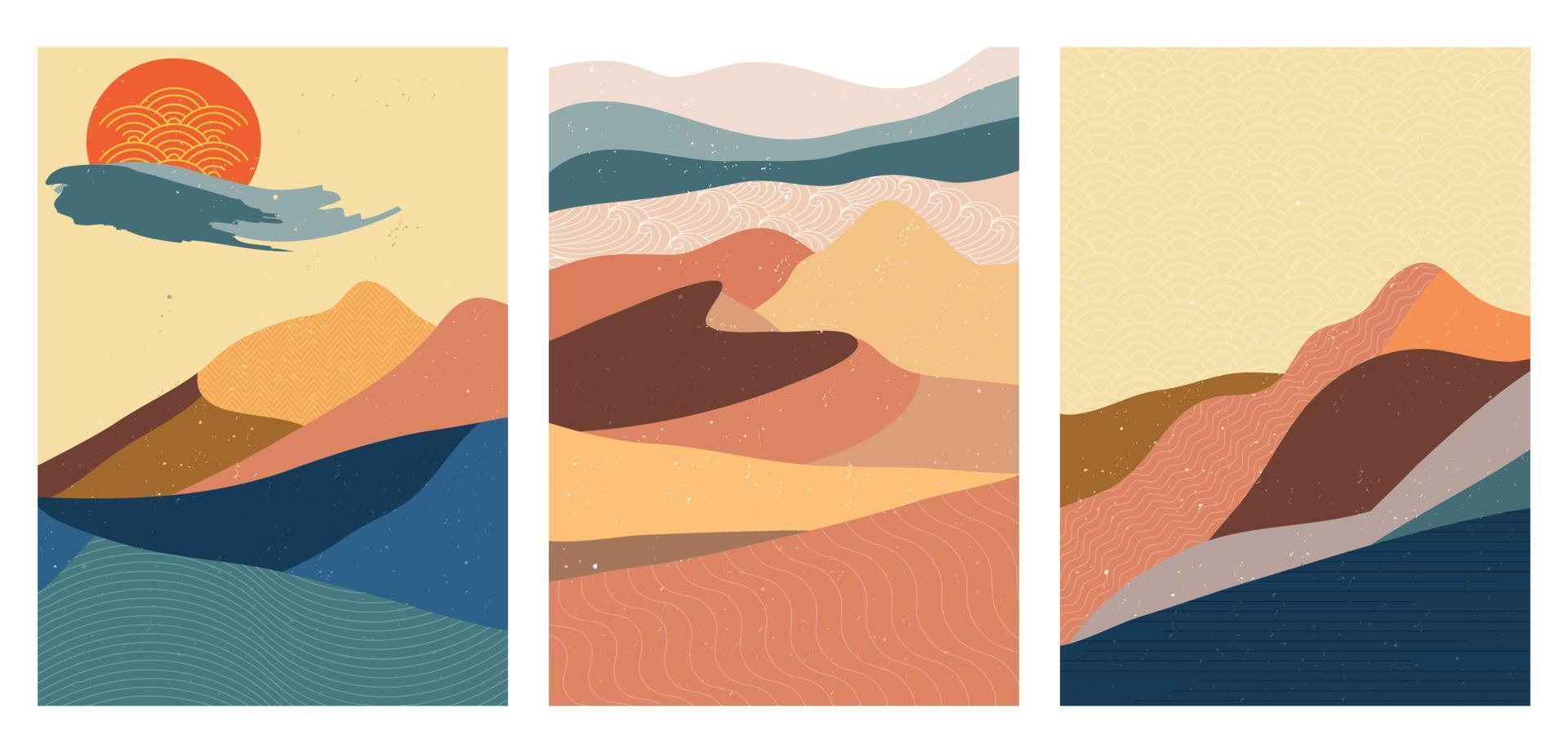 abstracte kunstdruk van het berglandschap. geometrische landschapsachtergrond in Aziatische Japanse stijl. vector illustratie