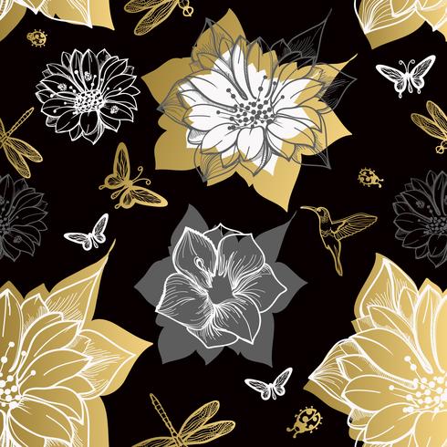Naadloze patroonbloemen, vlinders, kolibries, zwarte achtergrond. vector