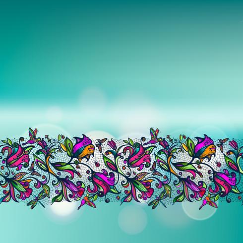 Abstract kleuren vector kanten naadloos patroon van elementenbloemen en vlinders op vage achtergrond met bokehelementen.