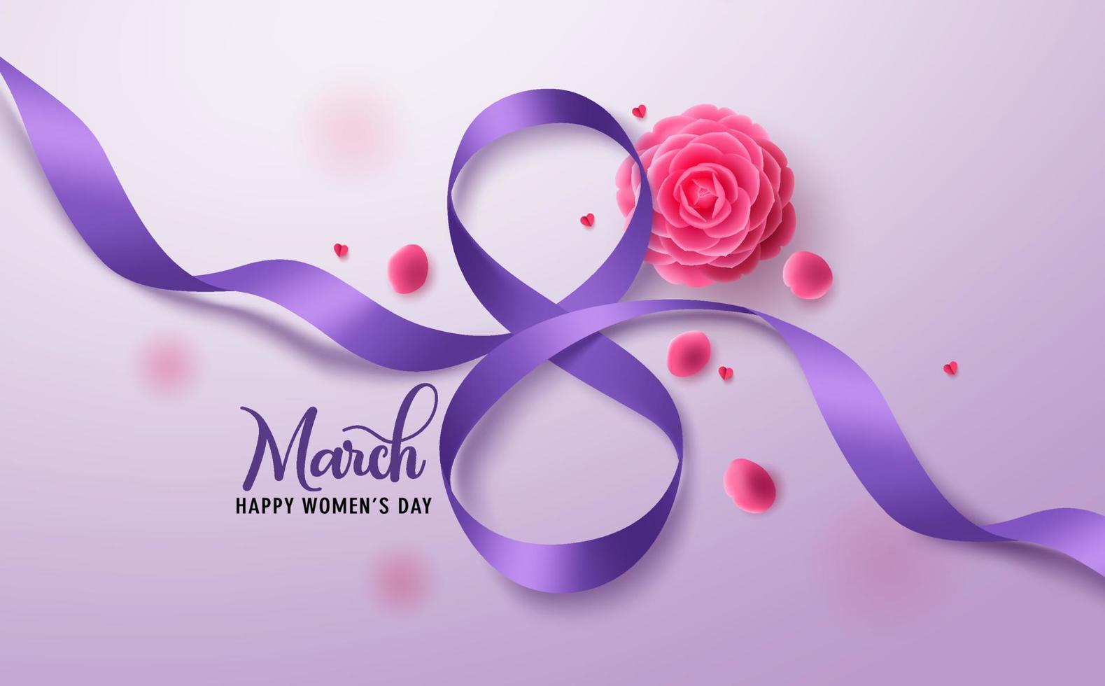 8 maart vector achtergrondontwerp. vrouwendag begroetingstekst met 8 maart in paars lint en camellia bloemelementen voor internationale vrouwenviering. vectorillustratie.