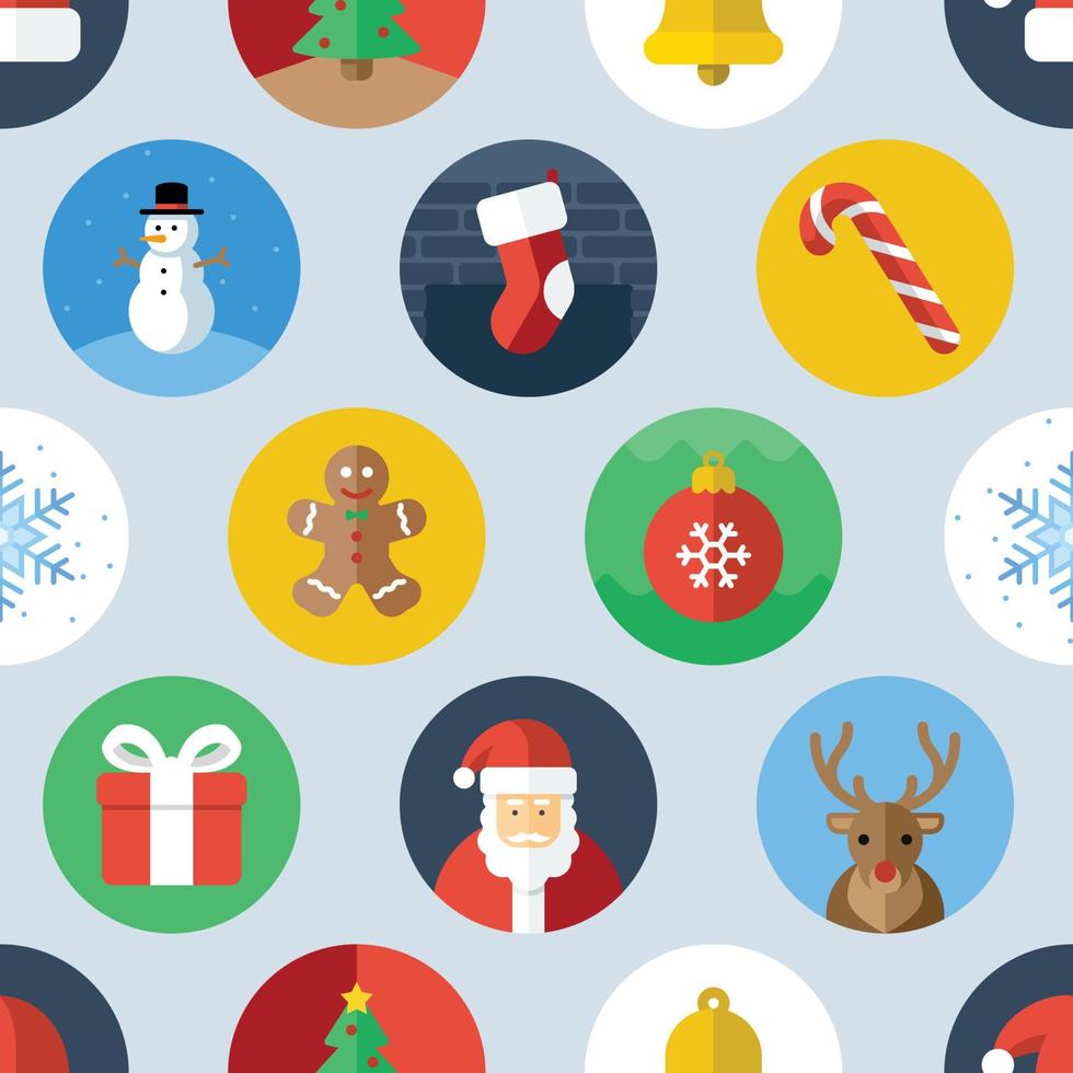 kleurrijke naadloze patroon van circulaire Kerst iconen van santa, kerstmuts, rendieren, cadeau, sneeuwvlok, ornament, peperkoek man, snoepgoed, kous, sneeuw man, bel en kerstboom pictogrammen. vector