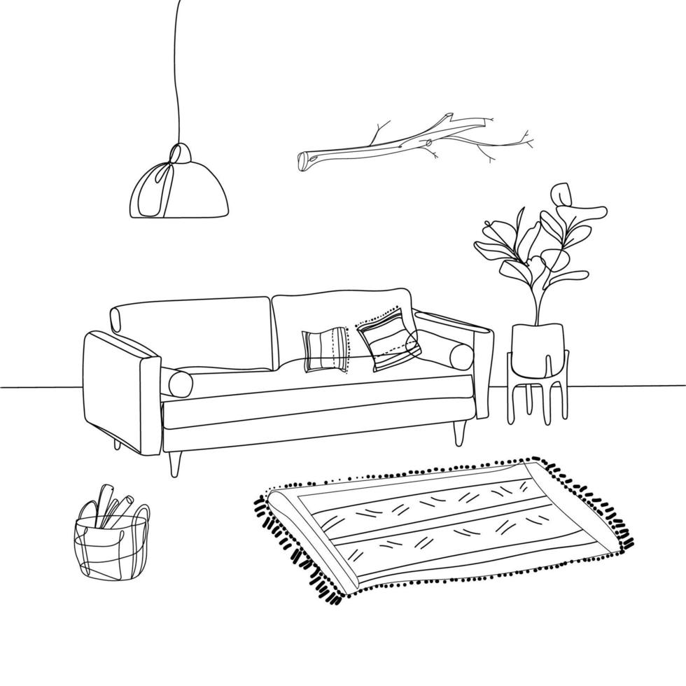 woonkamer interieur schets voor lifestyle design, minimalisme style.doodle vector illustratie hand drawing.modern interieur design.sofa,houseplant,chandelier.outline vector geïsoleerd op witte achtergrond