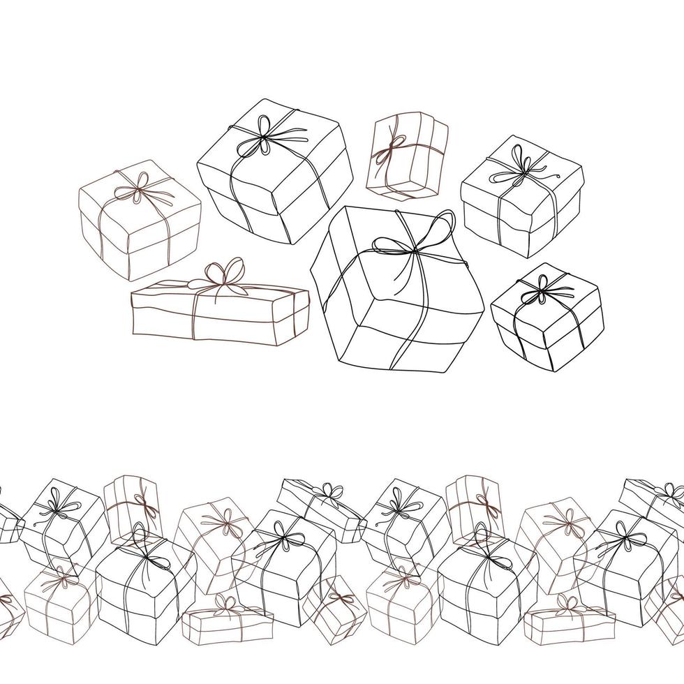 een set schets kunst geschenkdozen van verschillende vormen met een naadloze grens patroon geïsoleerd op een witte achtergrond, vector set elementen met geschenkdozen. dag cadeaus