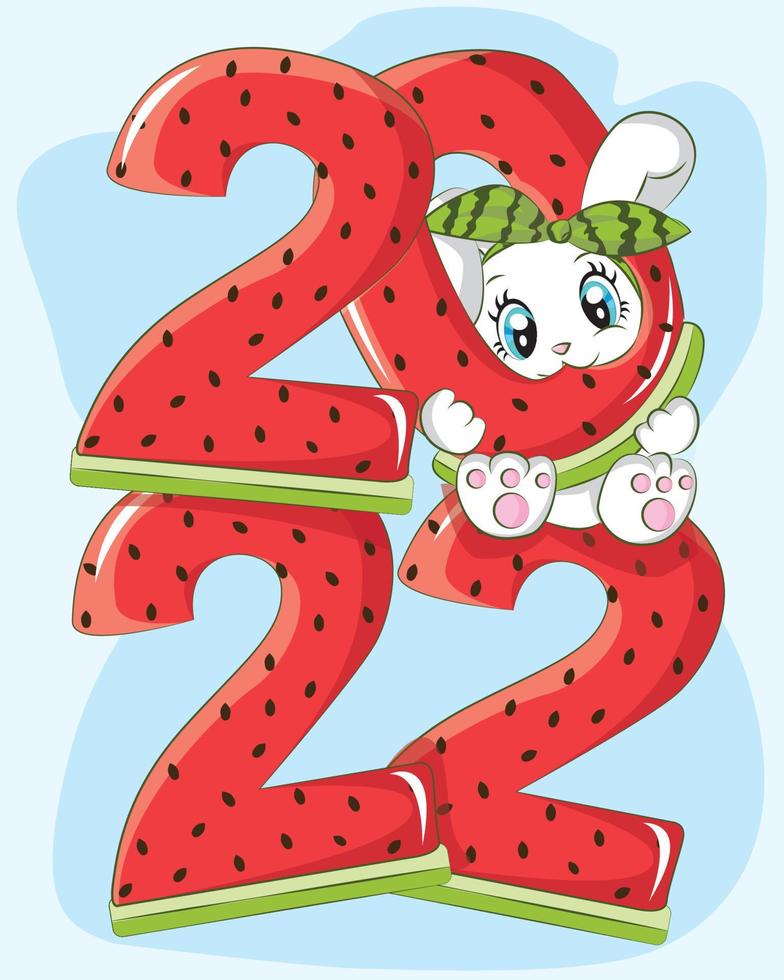 schattig konijntje gelukkig nieuwjaar 2022 met watermeloen premium vector