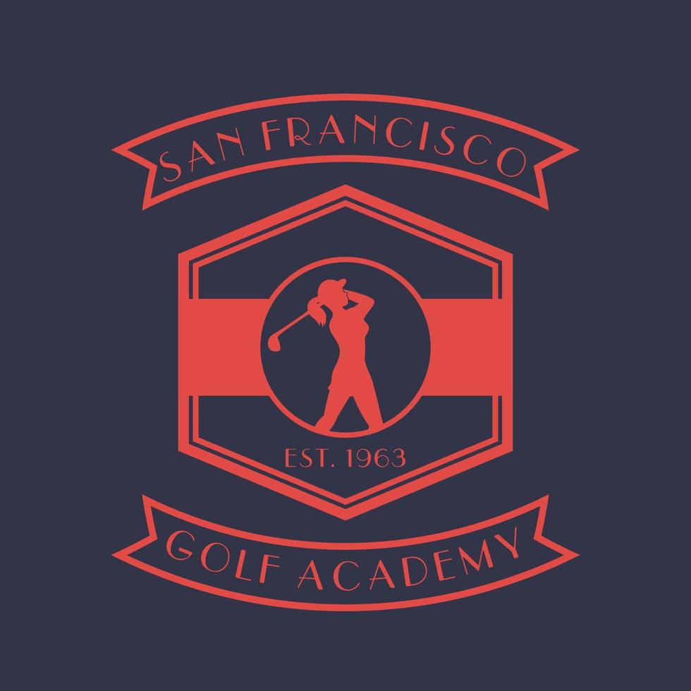golfacademie vintage logo, badge, embleem met meisje golfer, vrouwelijke golfspeler swingende club vector
