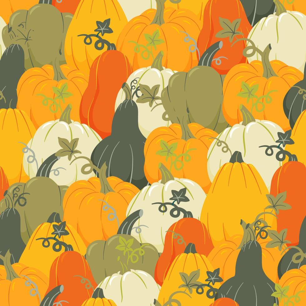 kleurrijke pompoenen van verschillende vormen naadloos patroon. Thanksgiving en Halloween herfst achtergrond. cartoon vector val textuur.