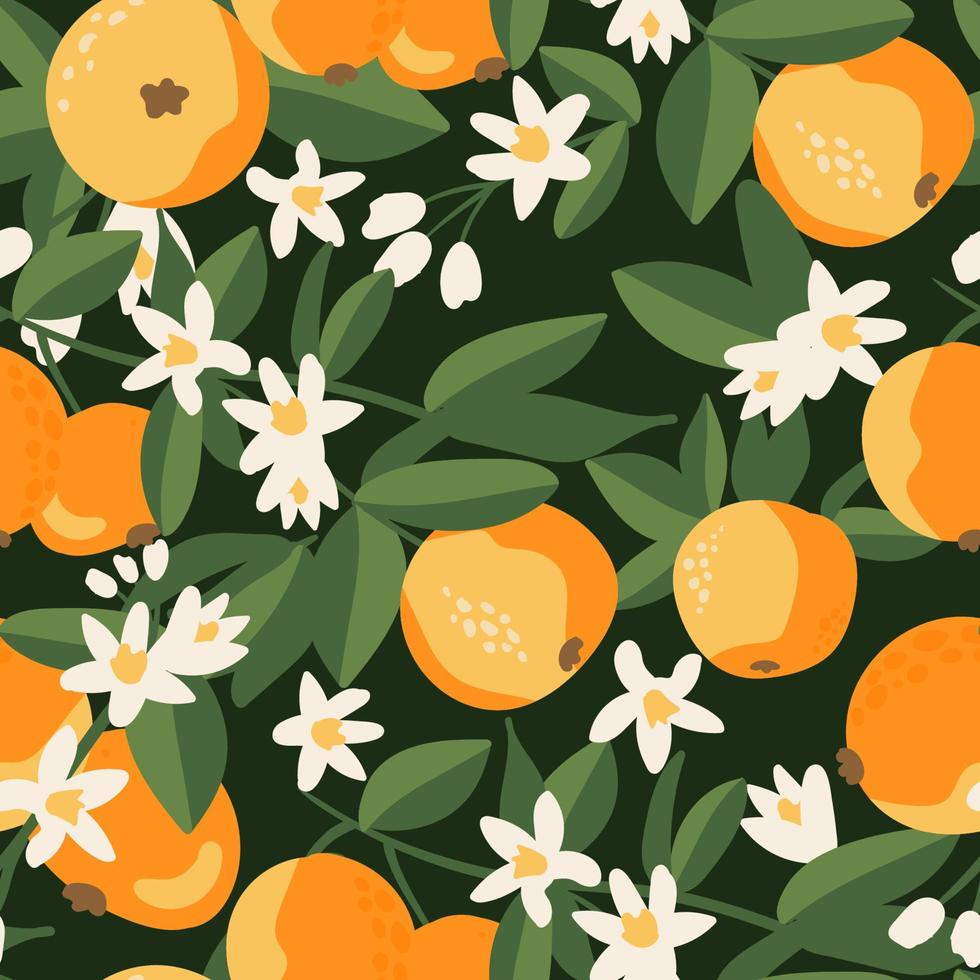 zomer tropische naadloze patroon met kleurrijke sinaasappelen en flowers.vector citrusvruchten achtergrond. modern exotisch bloemdessin voor papier, omslag, stof, interieur en andere gebruikers. vector