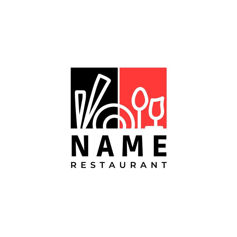 creatief restaurantlogo-ontwerp. eetstokjes, plaat, lepel, glas logo vectorillustratie. vector