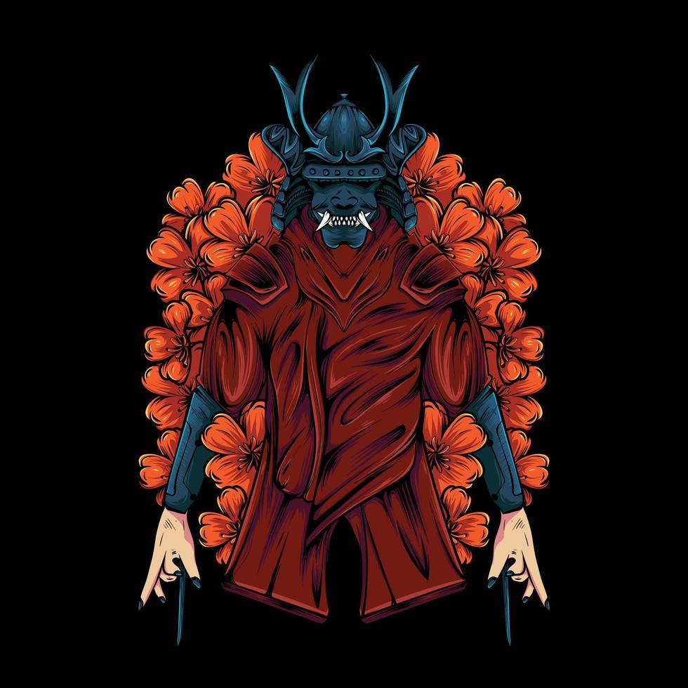 samurai in japanse stijl met oni-masker en bloemillustratie voor t-shirtontwerp en print vector