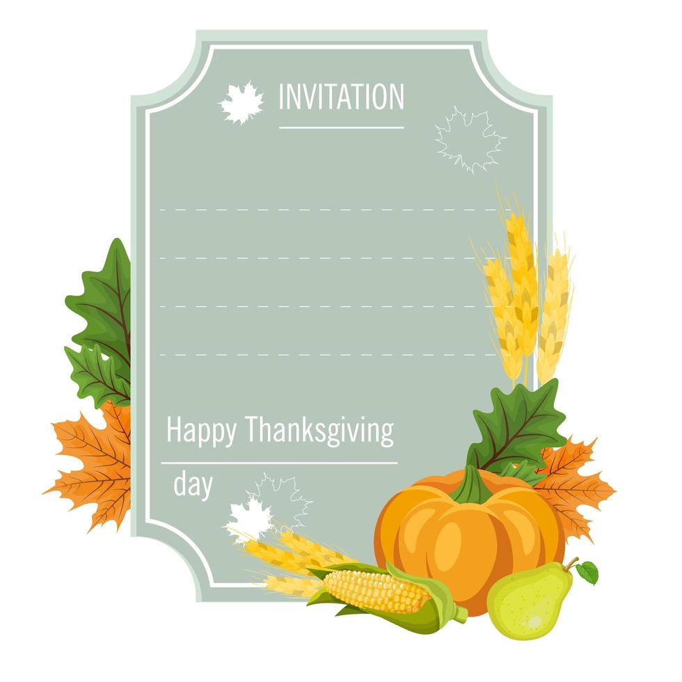 hand getekende thanksgiving wenskaart met bladeren, pompoen en spica op hout achtergrond. vector