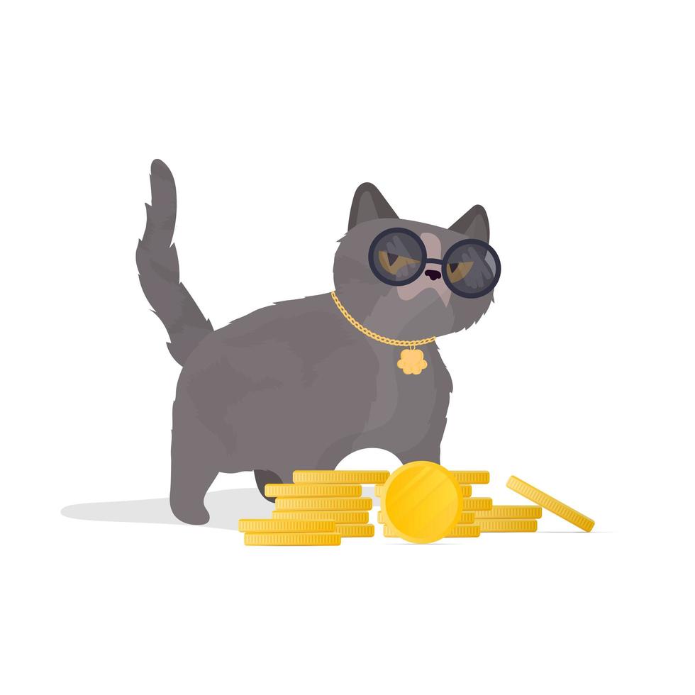 grappige kat in glazen met een berg munten. kattensticker met een serieuze uitstraling. goed voor stickers, t-shirts en ansichtkaarten. geïsoleerd. vector. vector
